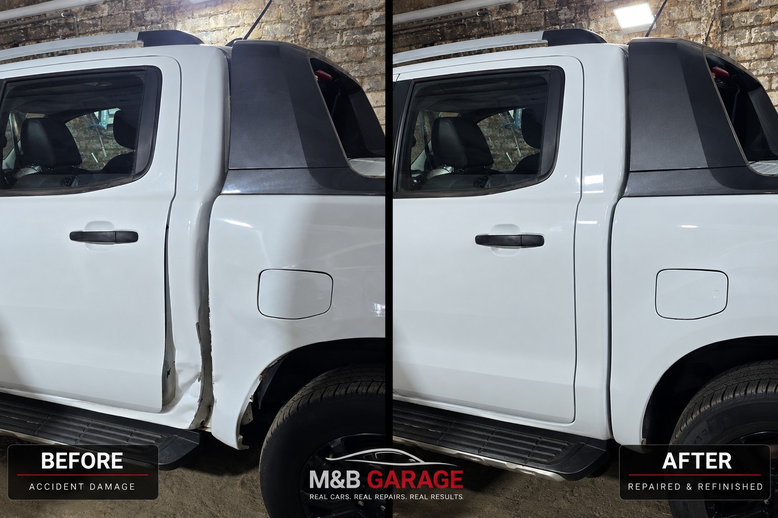 Pickup truck before and after body repair